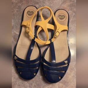 Melissa Navy and Tan T-Strap Heart Accent Sandals